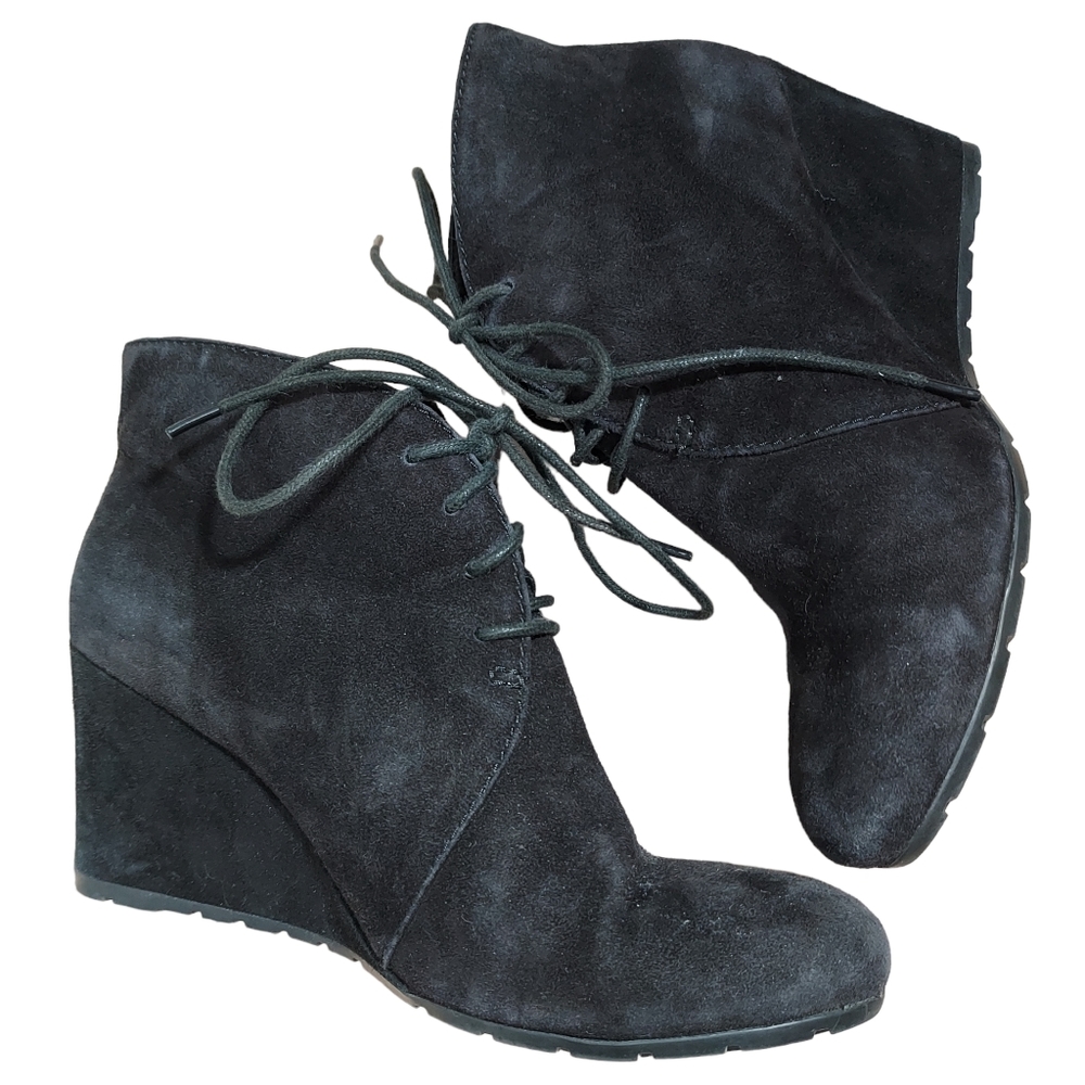 Clarks Dark Suede Lace-Up Wedge Booties